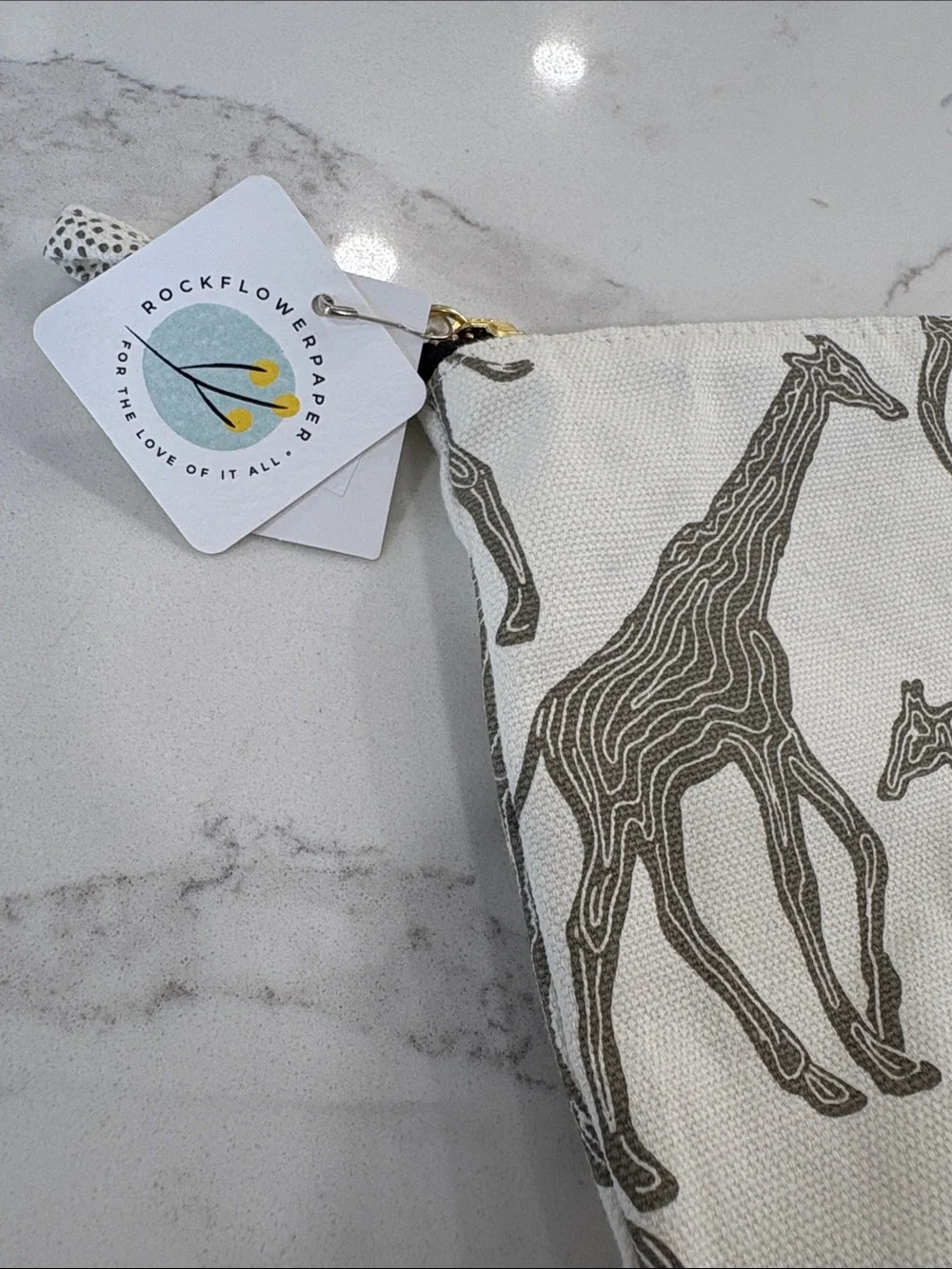 Rock Flower Paper Ivory White Grey Giraffe Print Canvas Large Pouch Cosmetic Bag